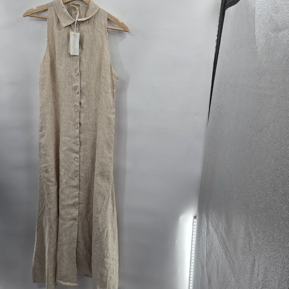 Magaschoni Creme Brown Striped Linen Cotton Pockets Maxi Dress Small - Picture 2 of 16
